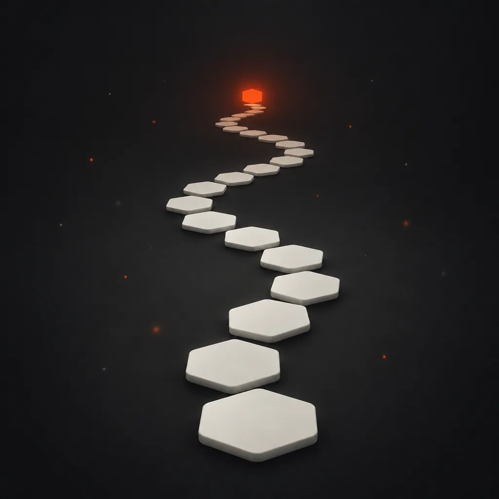 A winding path of hexagon tiles leading into the dark towards one glowing tile